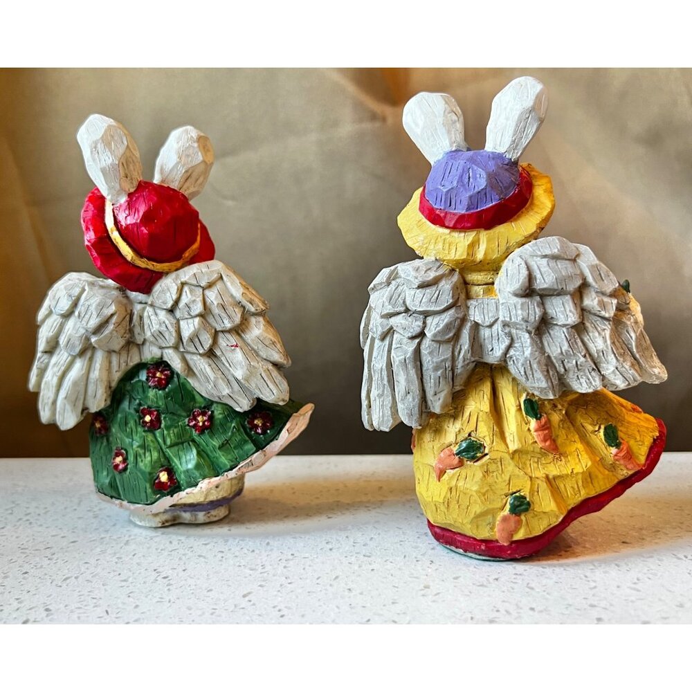 Two Bunny Garden Angel Figurines With Hats & Dresses Hand-Painted Decor - Picture 5 of 12